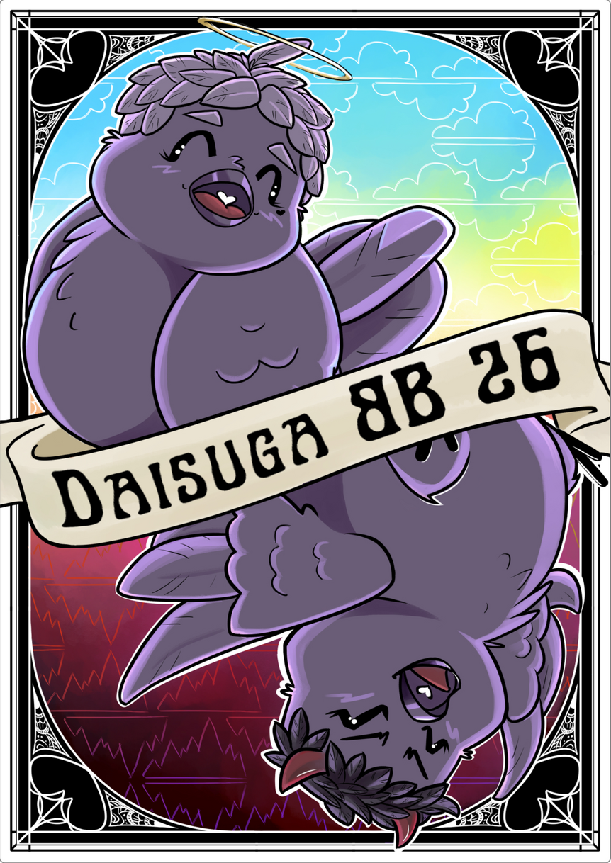 Playing card back design featuring Daisuga birbs. Angel Suga birb and devil Daichi birb.